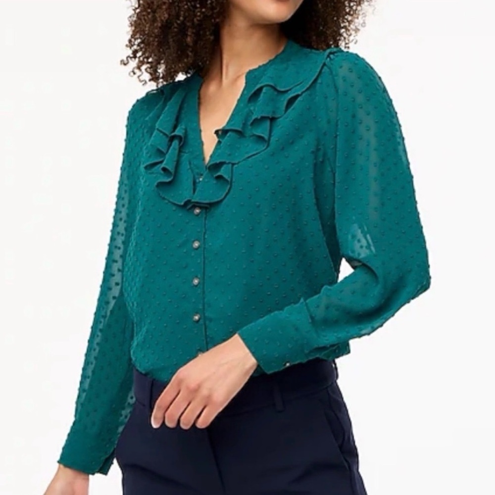J.crew Clip-dot ruffle button-up shirt Green Large Office Preppy Workwear